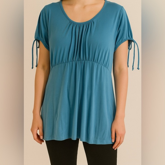 Suzie Couture Ruched Sleeve Tunic Top Softcore Empire Waist Boho Casual Size Lg - Picture 1 of 8